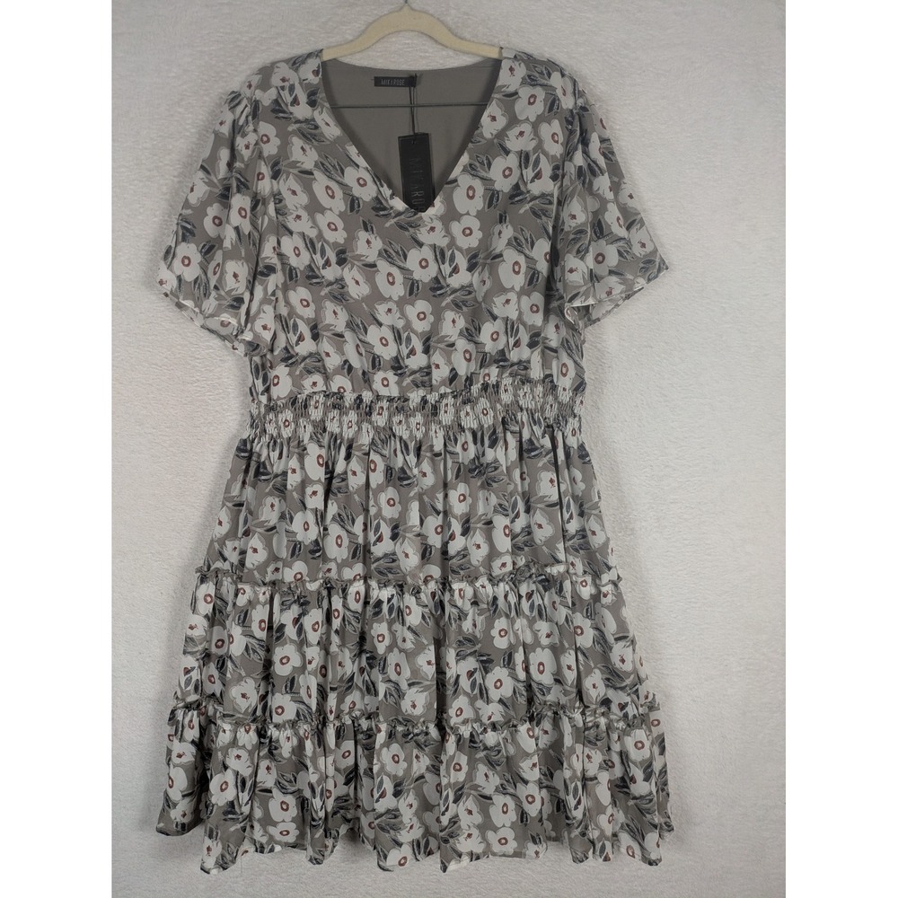 NEW Mikarose Dress Women's XXL Gray Floral V-Neck Smocked Tiered Flutter Sleeve